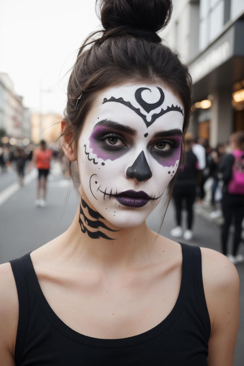 00154-1391995398-lanky Female, Participating in a protest, Dark hair, Abominable Messy bun hairstyle, Day of the Dead Face Paint, Hair Clip.png